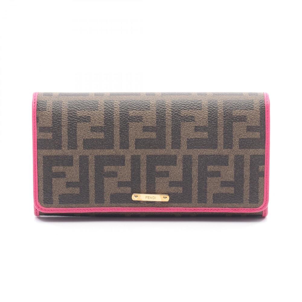 Fendi Zucca Bi fold Long Wallet Leather Canvas Brown Black Pink